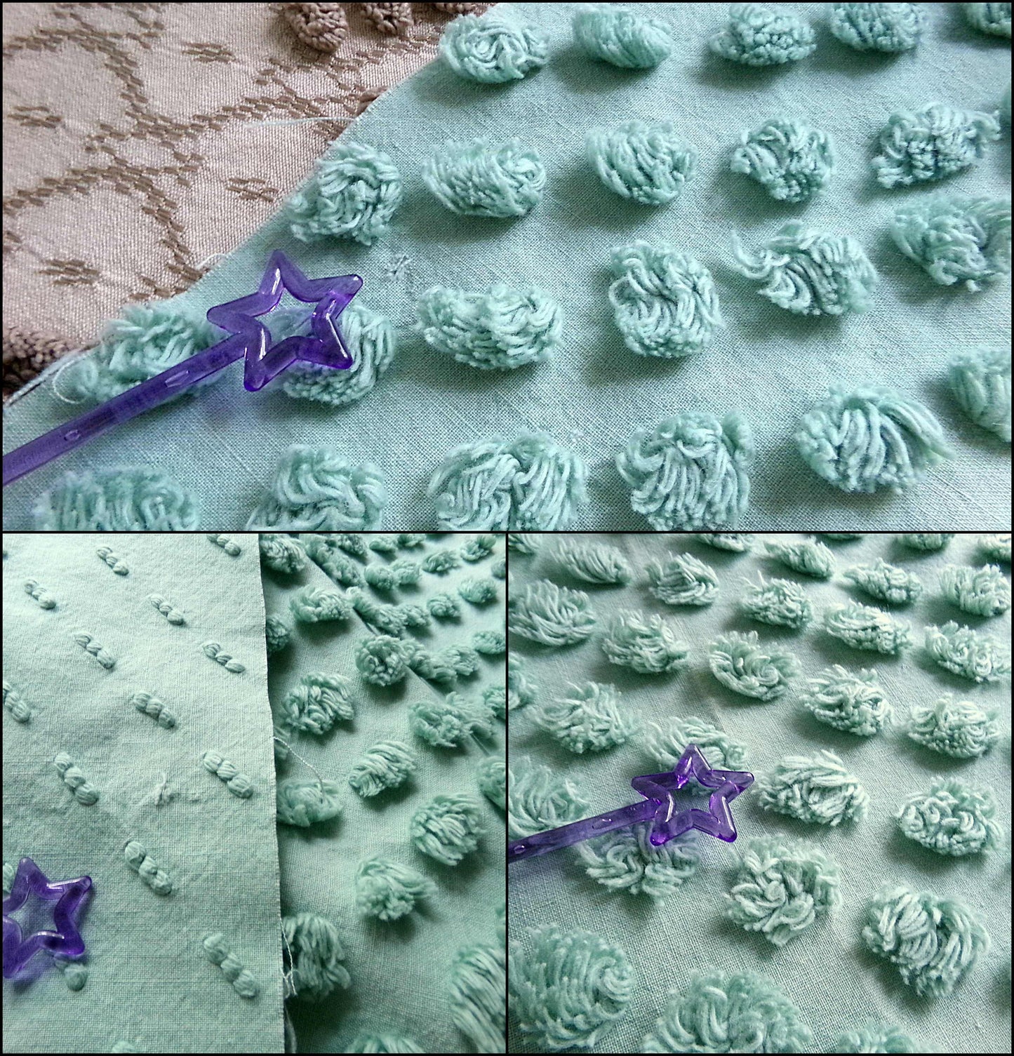 Vintage "Money Tree Green" Chenille Fabric, 20" x 25" inch Piece, Cute Puffy Dots, Great for Handmade Quilts, Crafts