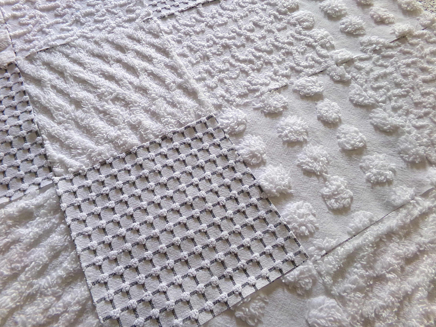 Blizzard White Vintage Chenille Fabric Squares, Diamond Ice, Coin Pop, Squiggle & Micro Grid, Set of 16 Quilt Blocks, 6" x 6" inch each