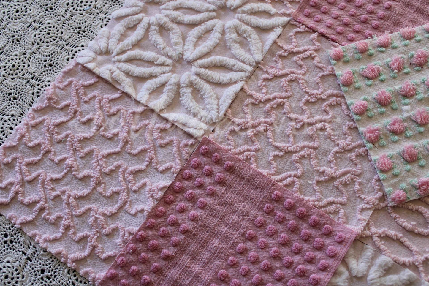 Prettiest Pink Quilt Squares, Daisy Rose Craft Square Set from Vintage Chenille Bedspread Fabric, 17 Blocks, 6" x 6" inch