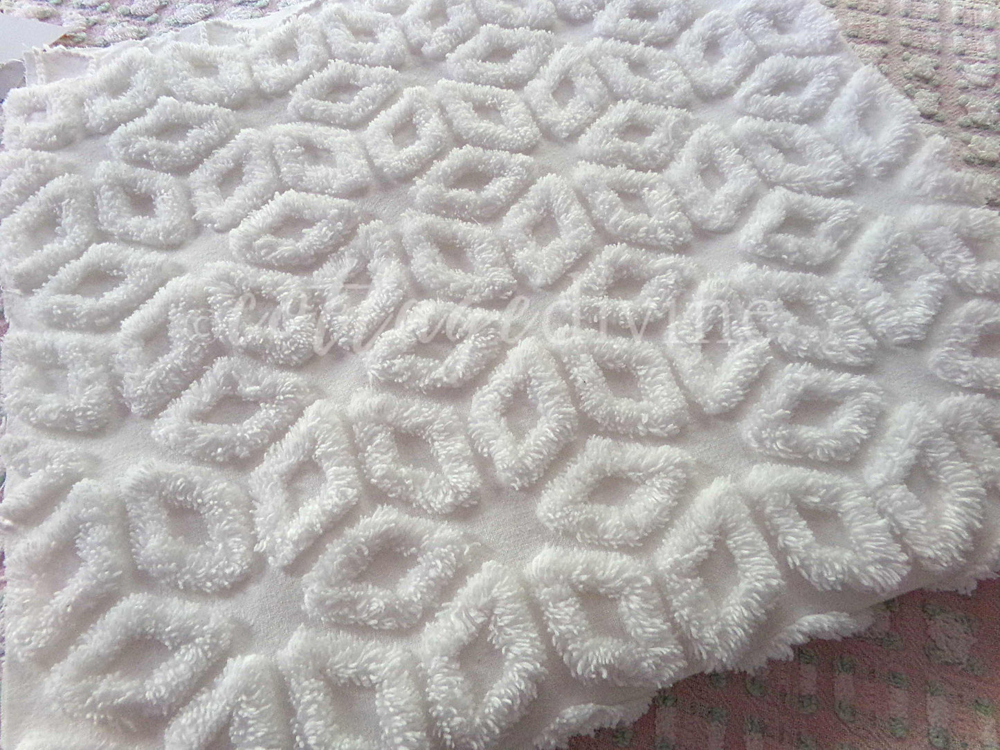 Snowflake Wedge White Vintage Chenille Fabric, 27" x 24" Piece, Snowy Geometric Wedge Daisy Design