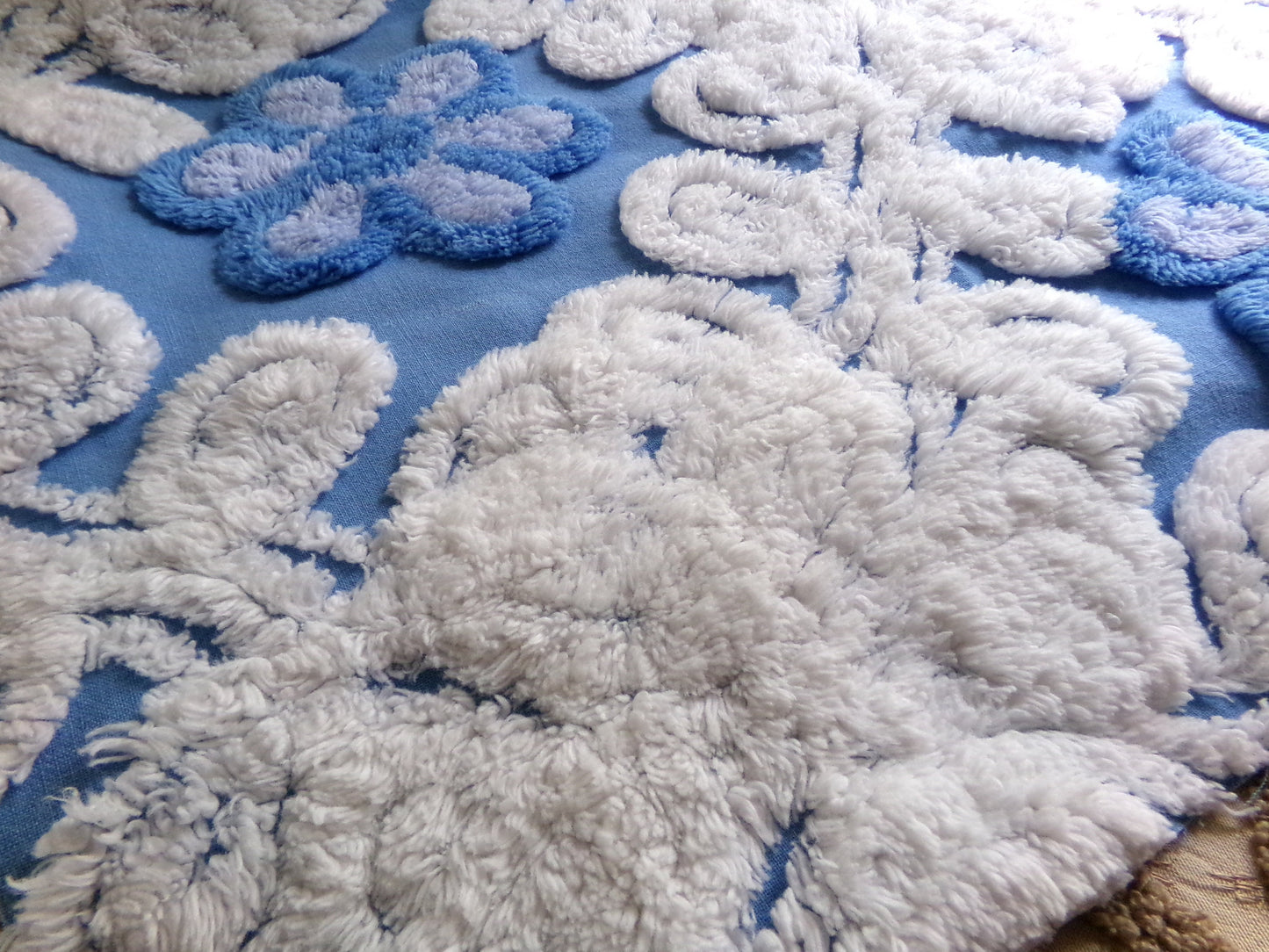 coastal cute blue chenille fabric, plush white swirls surround single flowers, 18" x 24" inch piece of vintage sewing material