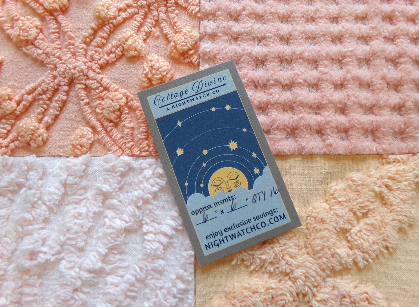 bliss peach chenille fabric squares, set of 16 vintage craft quilt blocks 6" inches, geometric designs for quilt inlays, pillows, fiber arts