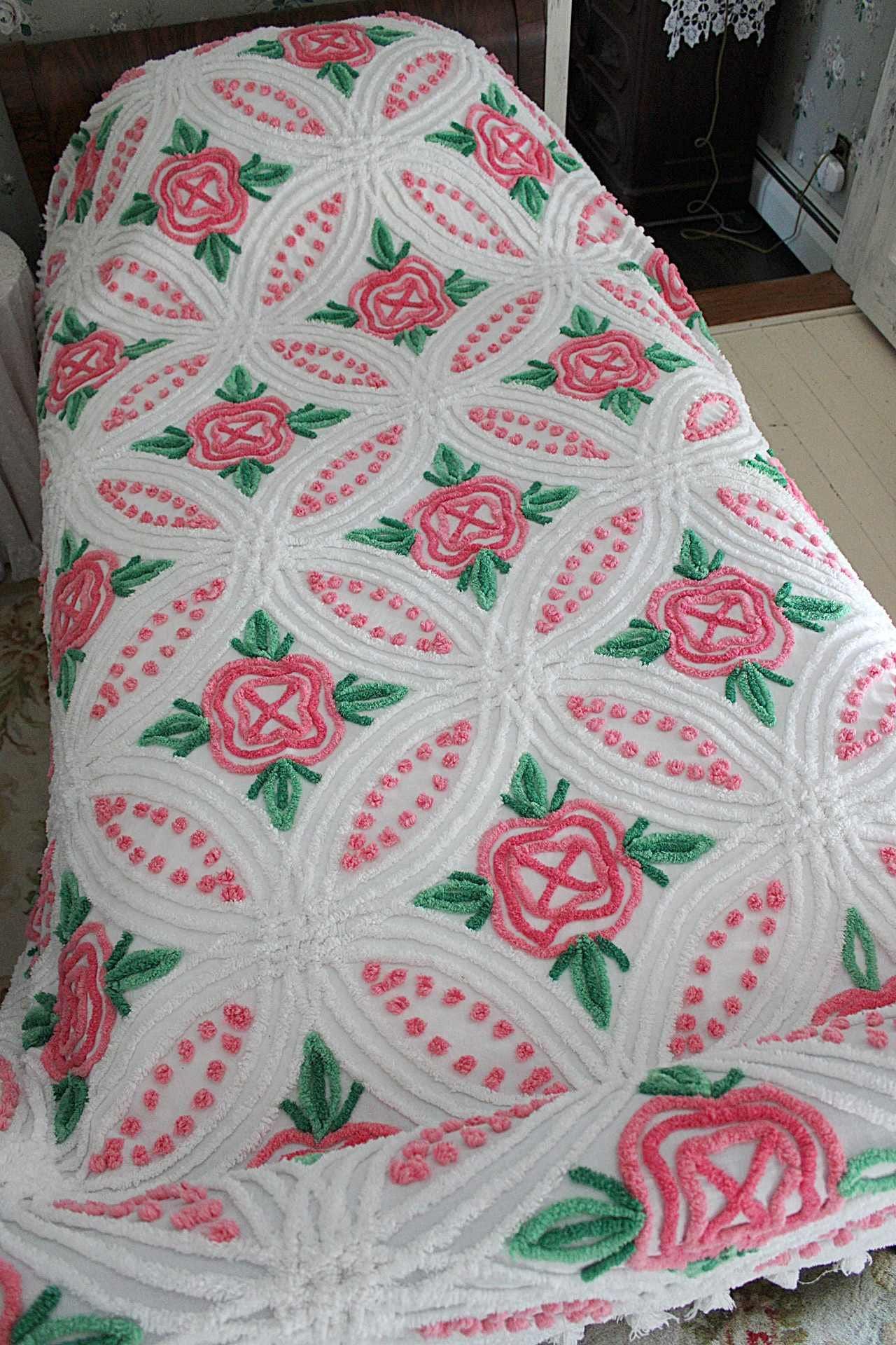 princess pink rose vintage chenille bedspread, cabbage roses on white with pom pom trim, 100% cotton full size cottage bedding