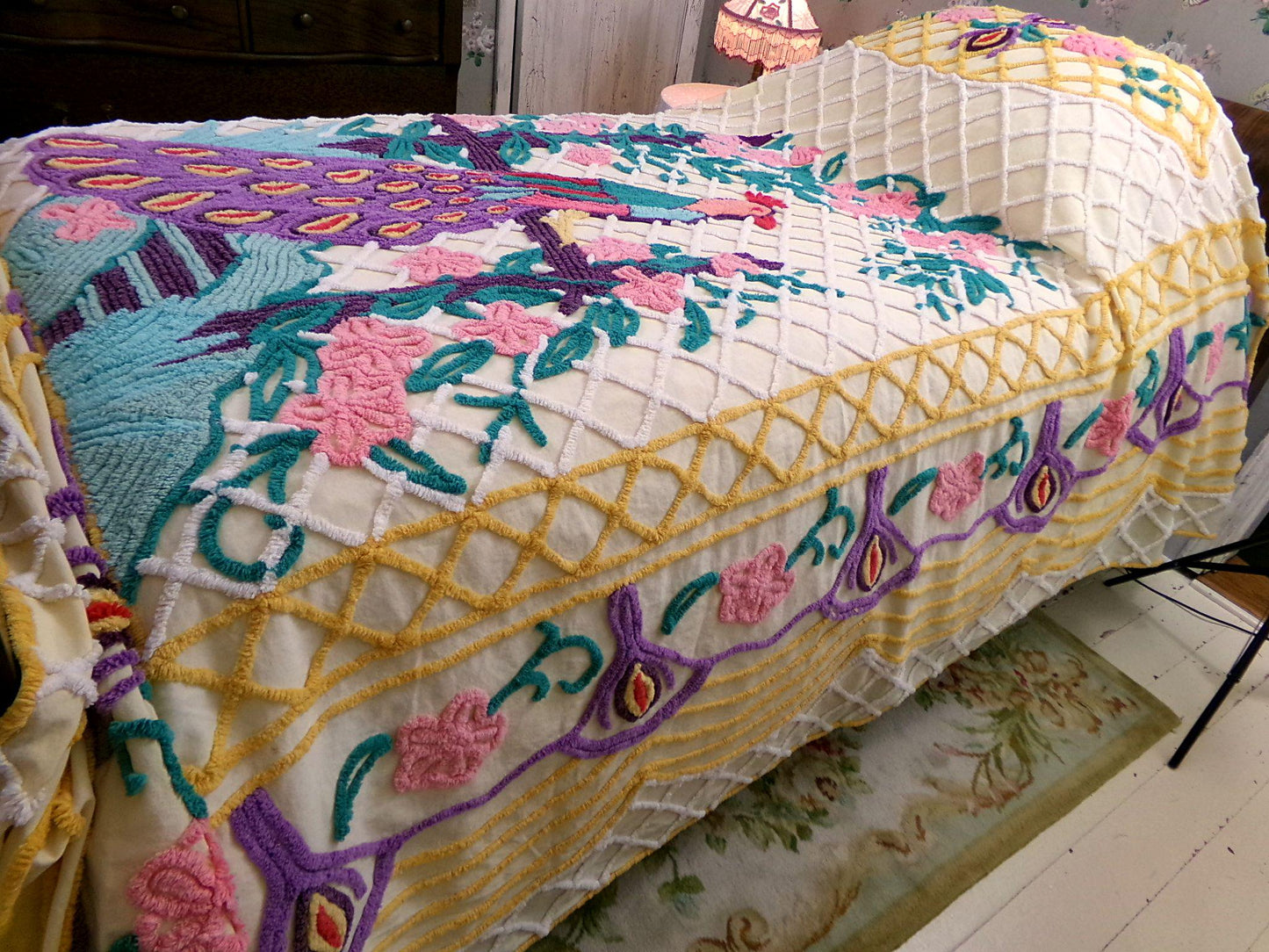 Grand Perched Peacock in a Garden Vintage Chenille Bedspread, Exotic Art Deco Dramatic 1940s Design, Full Size Lightweight Cotton Coverlet