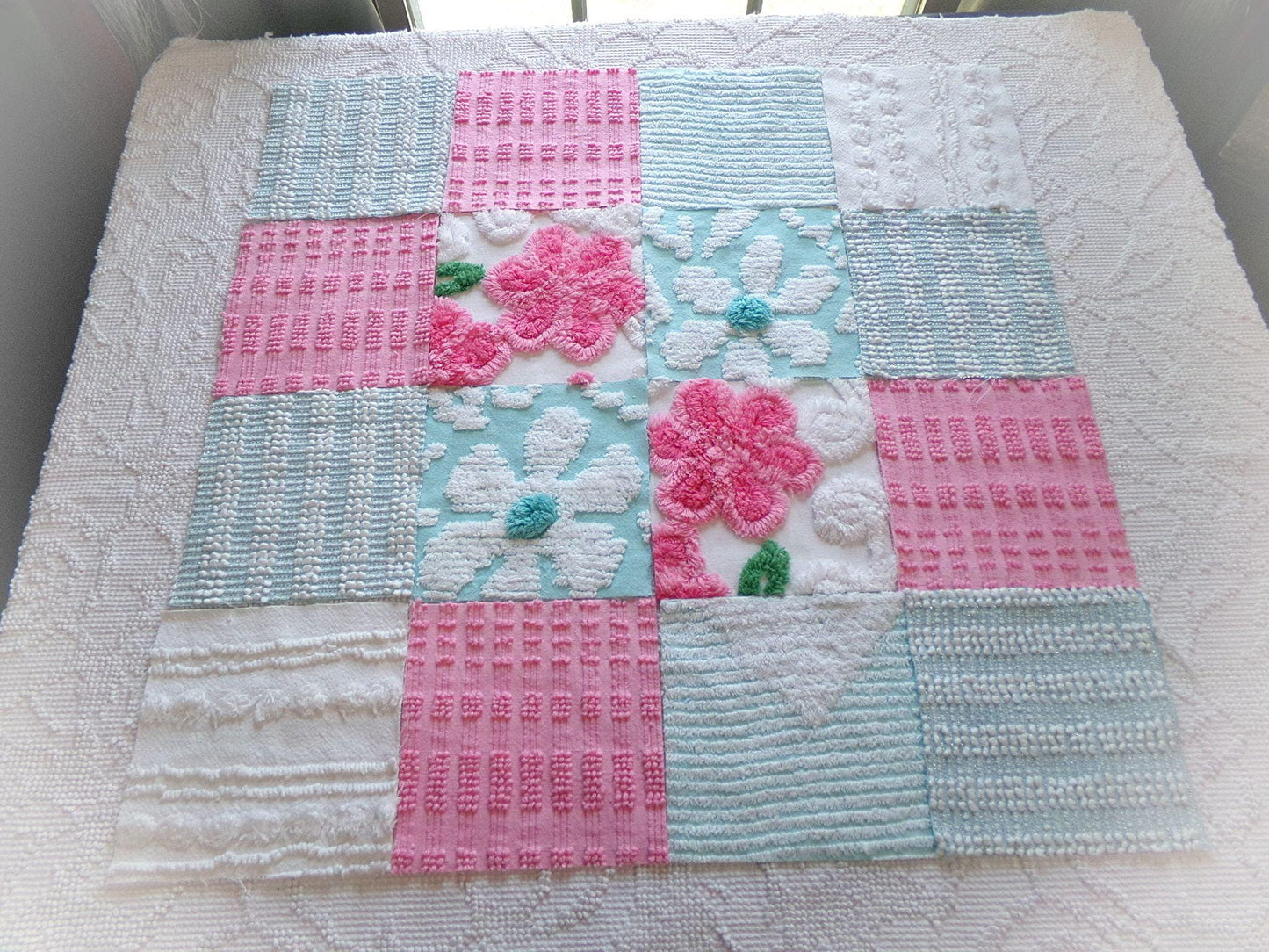 spring waltz vintage 6" chenille squares, set of 16 pink & aqua quilt blocks rotary cut from vintage chenille bedspread fabrics