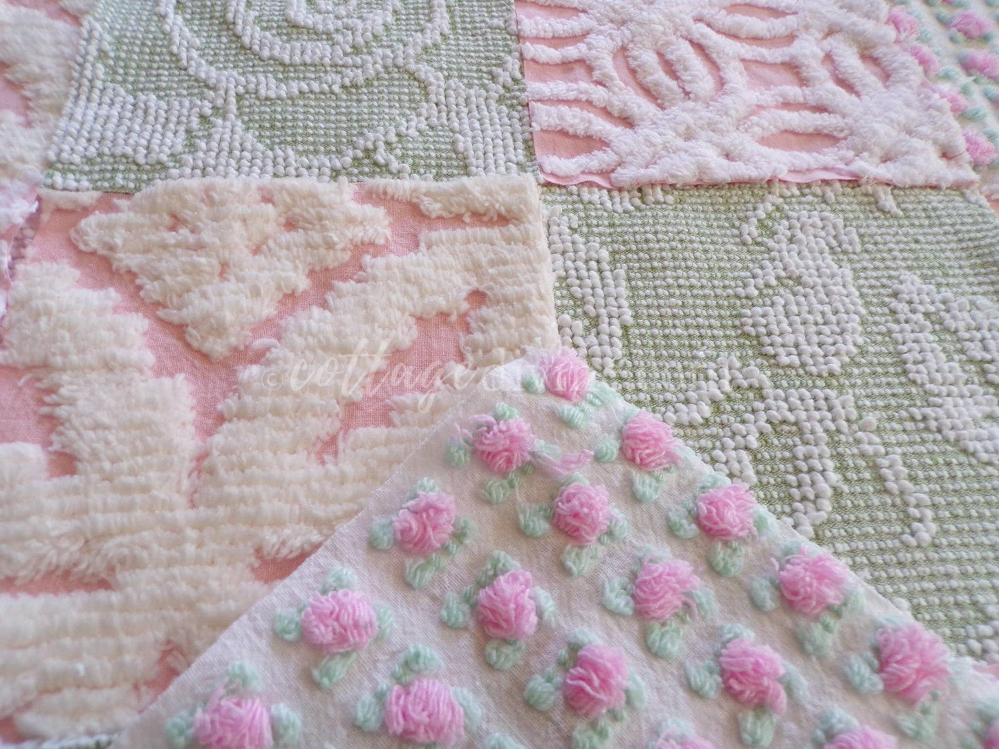 vintage 6" chenille fabric squares, set of 16 quilt blocks in rose bloom pink, sage green & white geometric and floral prints