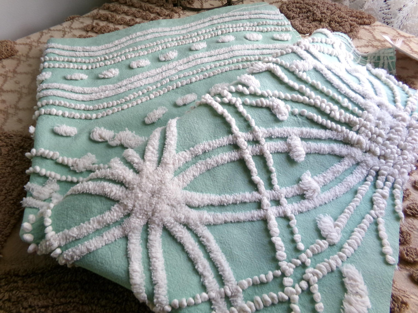 spiderweb jade green vintage chenille fabric, unique texturized web pattern on this 18" x 23" inch piece of sewing material