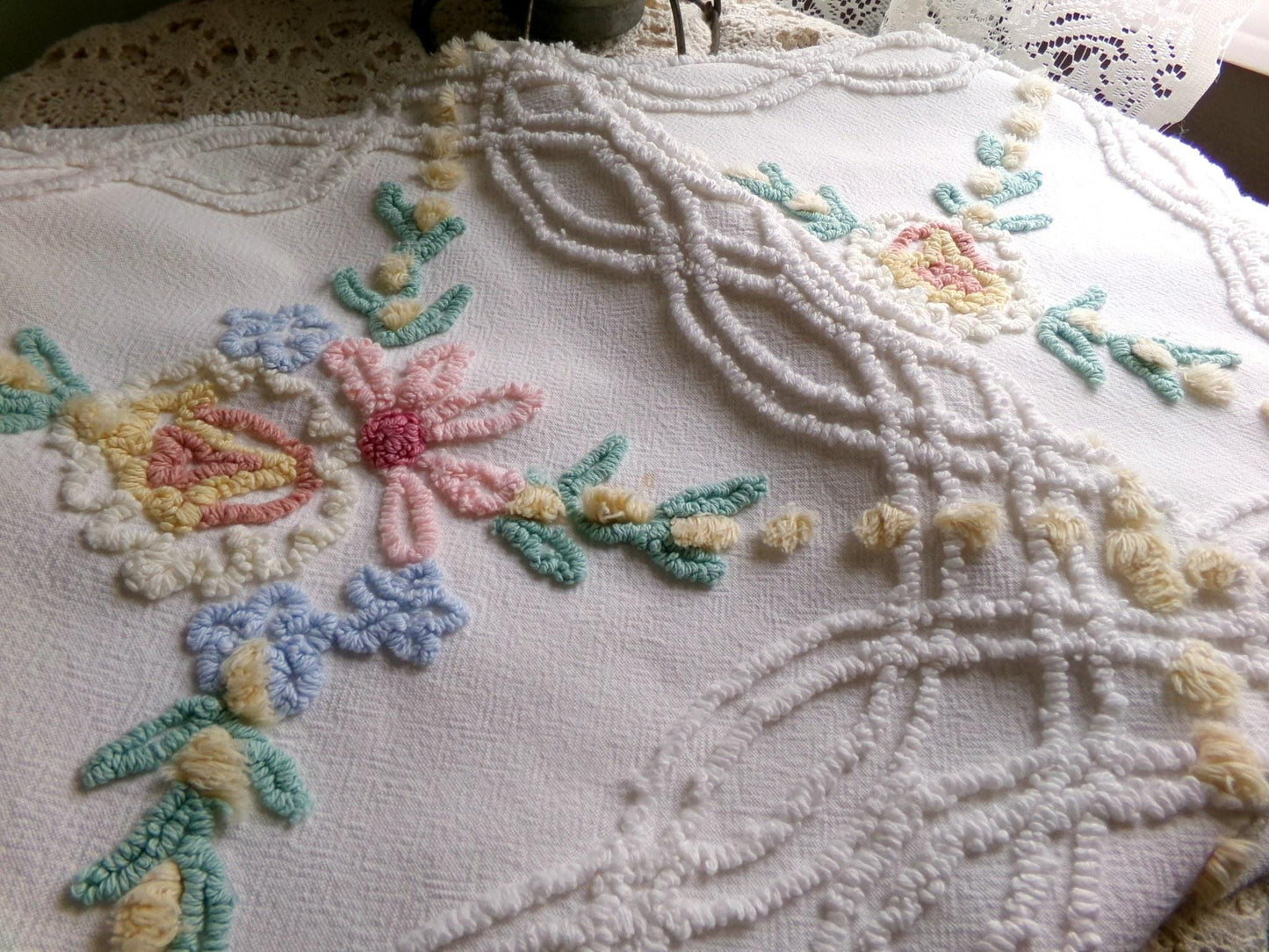 so shabby sweet vintage chenille fabric, needletuft florals with buttercup yellow puffs, 24"x 26" inch piece of quilt & sewing material