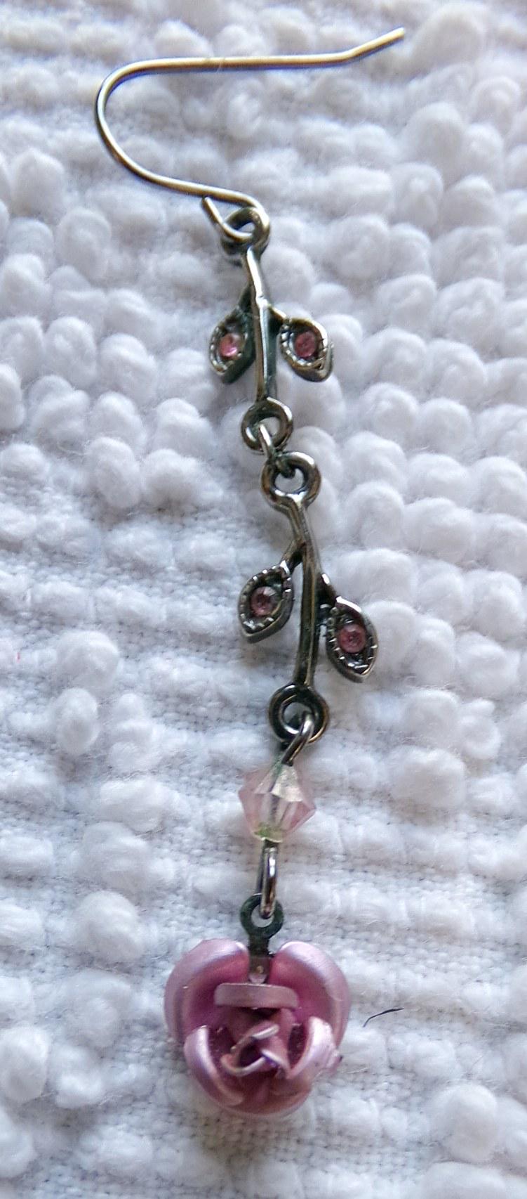 Simple Pink Rose Dangle Pierced Earrings, Vintage Silver Forest Boho Style Jewelry, Dainty Floral With Pink Faux Stones in Little Leaves