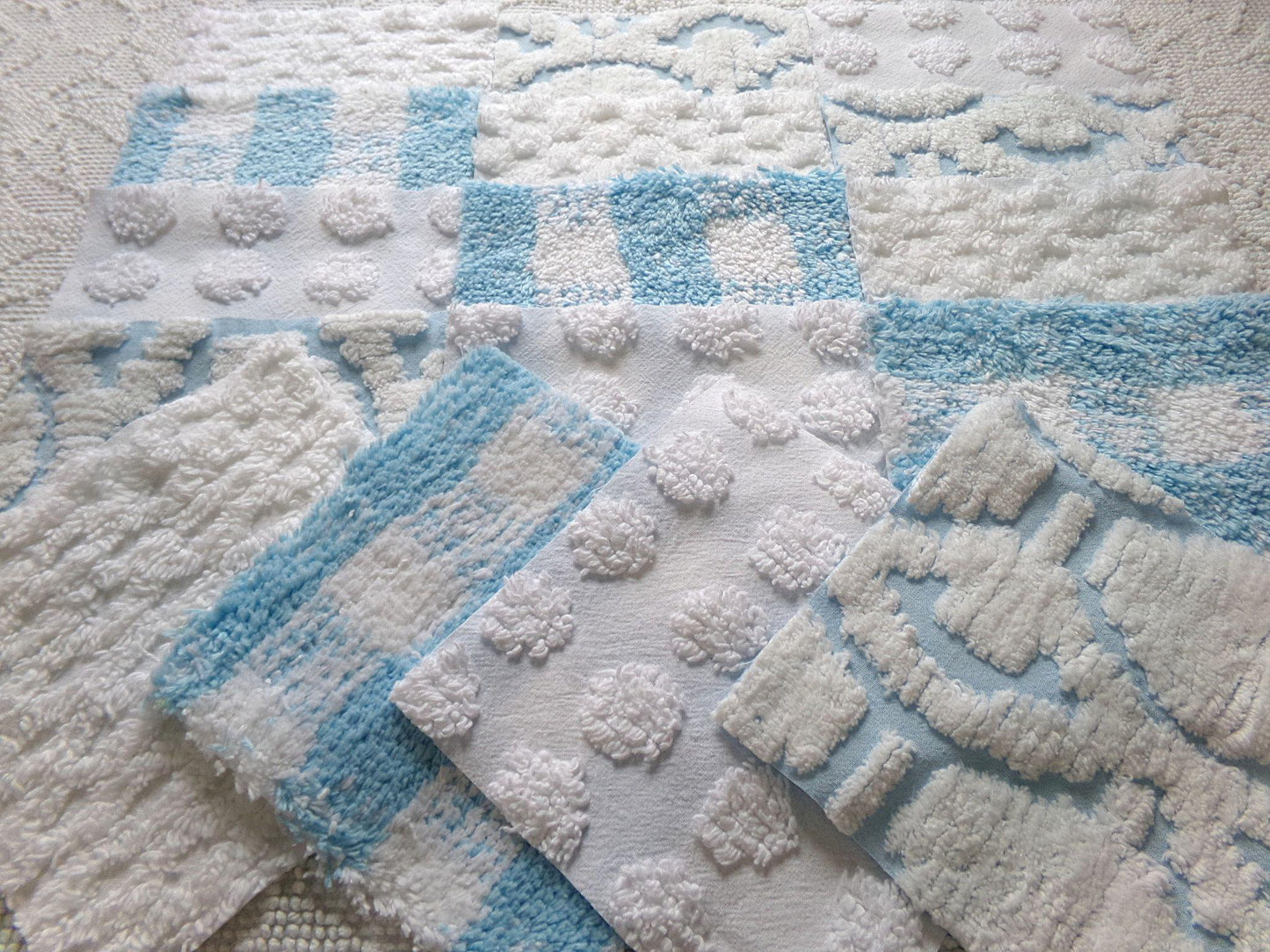 country gal chenille fabric squares, 16 vintage 6" quilt blocks in cool blue & white, for sewing, crafts, fiber arts