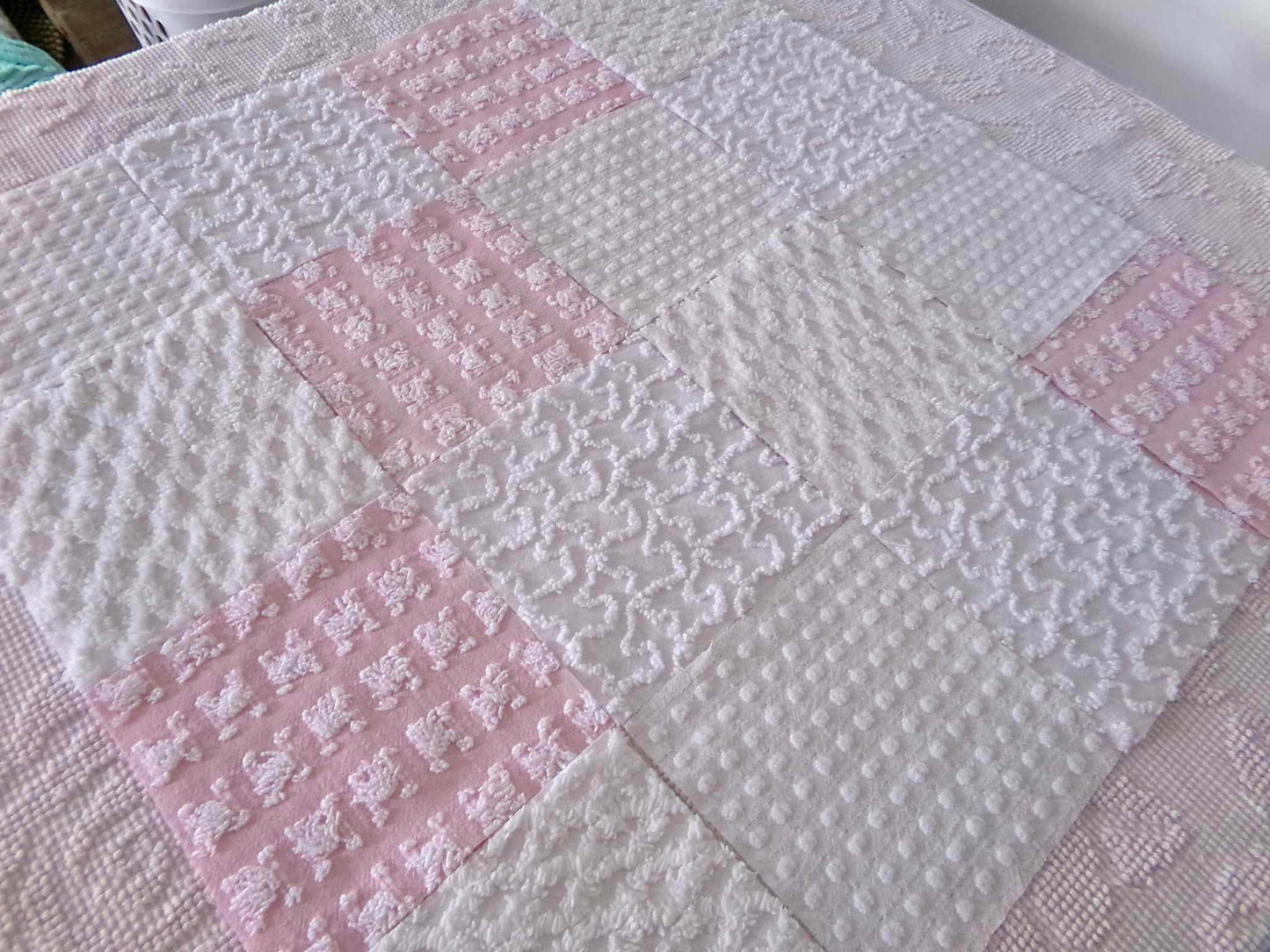 angel feathers chenille fabric squares, pink & white rosebud, lattice, dots, squiggles, vintage square set of 16 quilt blocks, 6" x 6" inch