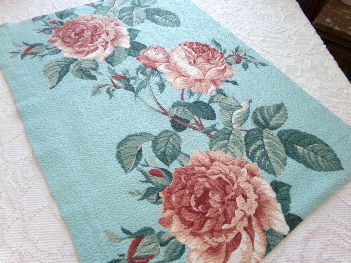 stunning vintage barkcloth fabric in life like rose bloom print, 18" x 26" inch piece from a deconstructed curtain panel