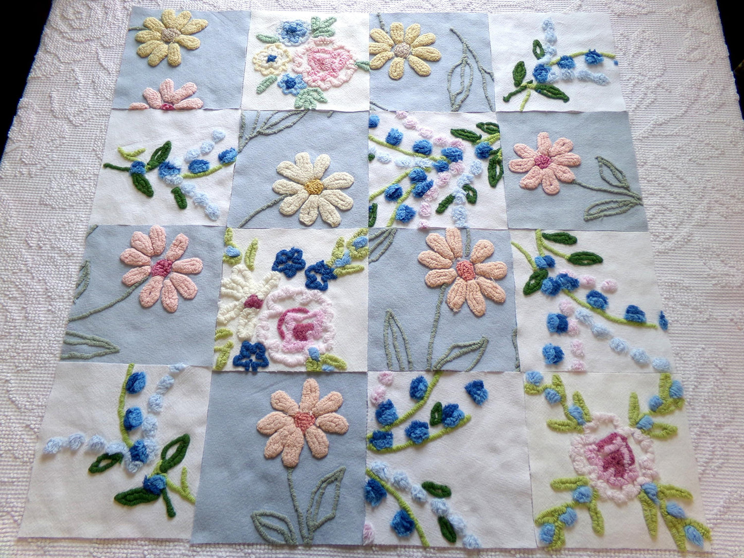 vintage chenille fabric squares, "barefoot in the meadow" set of 16 floral 6" quilt blocks in sky blue daisy, lupine flowers & roses