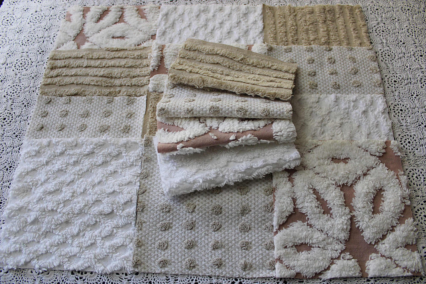 Chenille Fabric Squares, Neutral Sand, Tan & White Craft Square Set from Vintage Bedspread Fabric, 16 Blocks, 6" x 6" inch