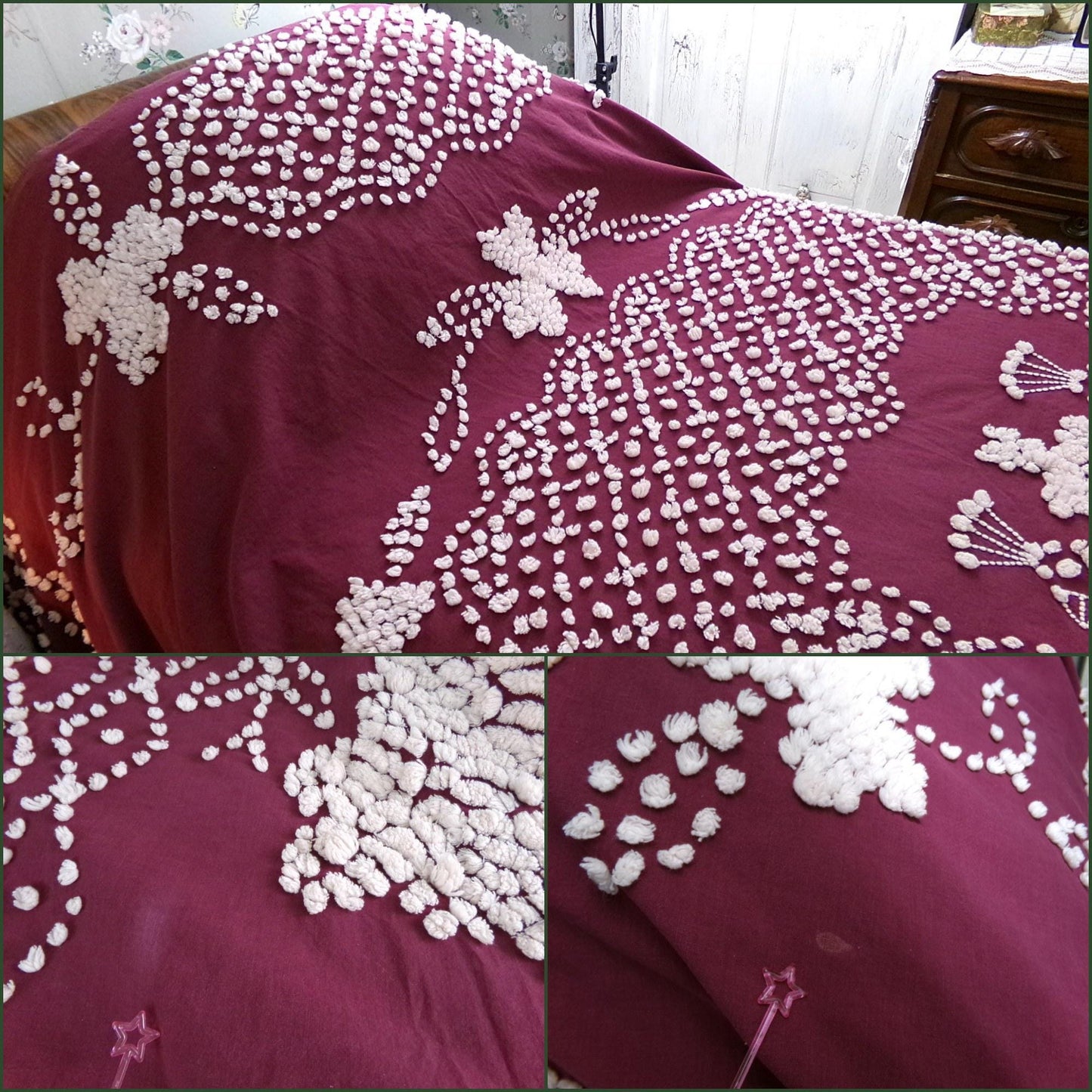 Antique Peacock Chenille Bedspread, Shabby Vintage Victorian Handmade Coverlet in Deep Wine with Snow White Tufting, Full Size Bedding