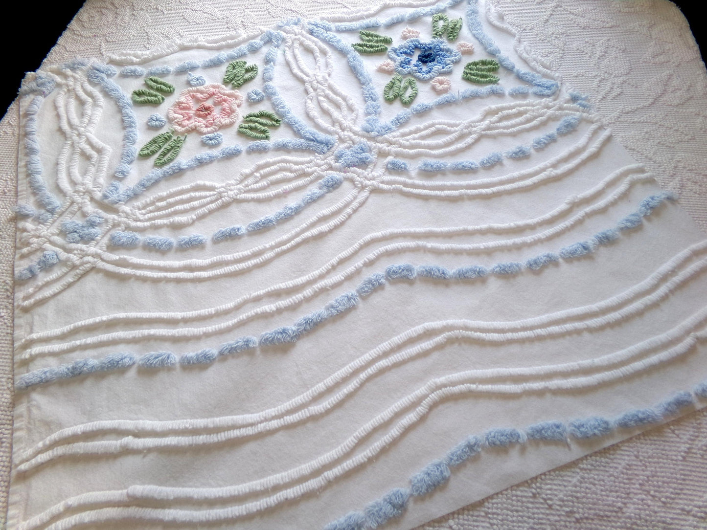 cottage chic vintage chenille fabric: pink & blue floral 24" x 24" cut piece sewing material