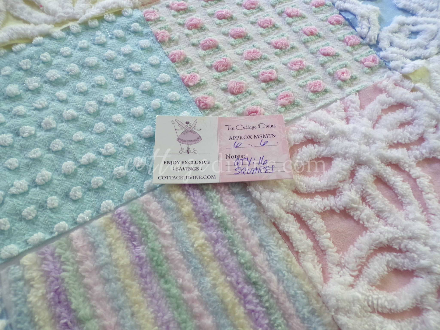 Rainbow Pastel Quilt Squares Set, Rotary Cut from Vintage Chenille Bedspread Fabric, 16 Blocks, 6" x 6" inch for quilting, sewing, crafts