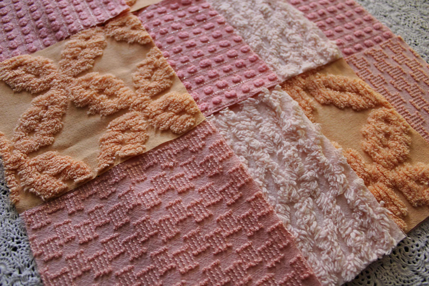 peach nectar vintage chenille fabric squares, set of 16 geometric 6" quilt squares in texturized geometric designs