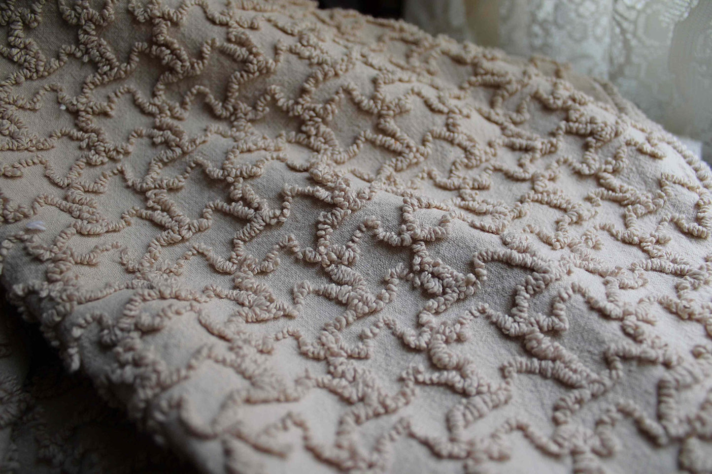 neutral vintage chenille fabric, sandy mocha texturized squiggles, 20" x 24" inch piece, 100% lightweight cotton