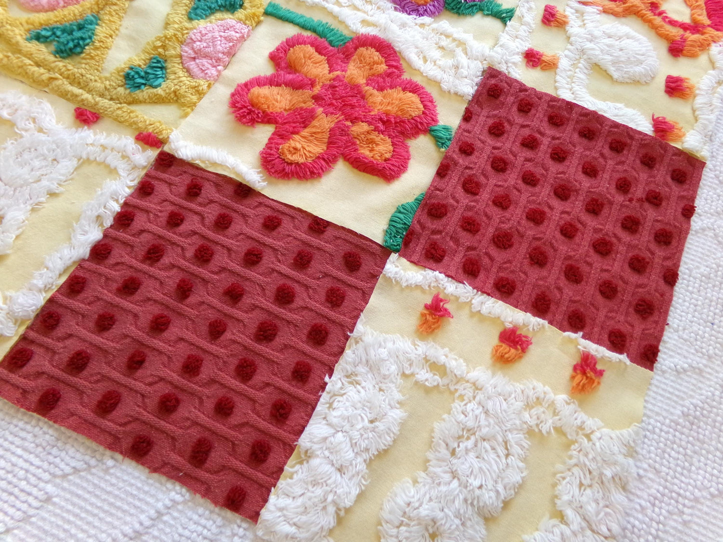 16 vintage 6" chenille fabric squares, set of yellow red quilt blocks, roses & sunshine
