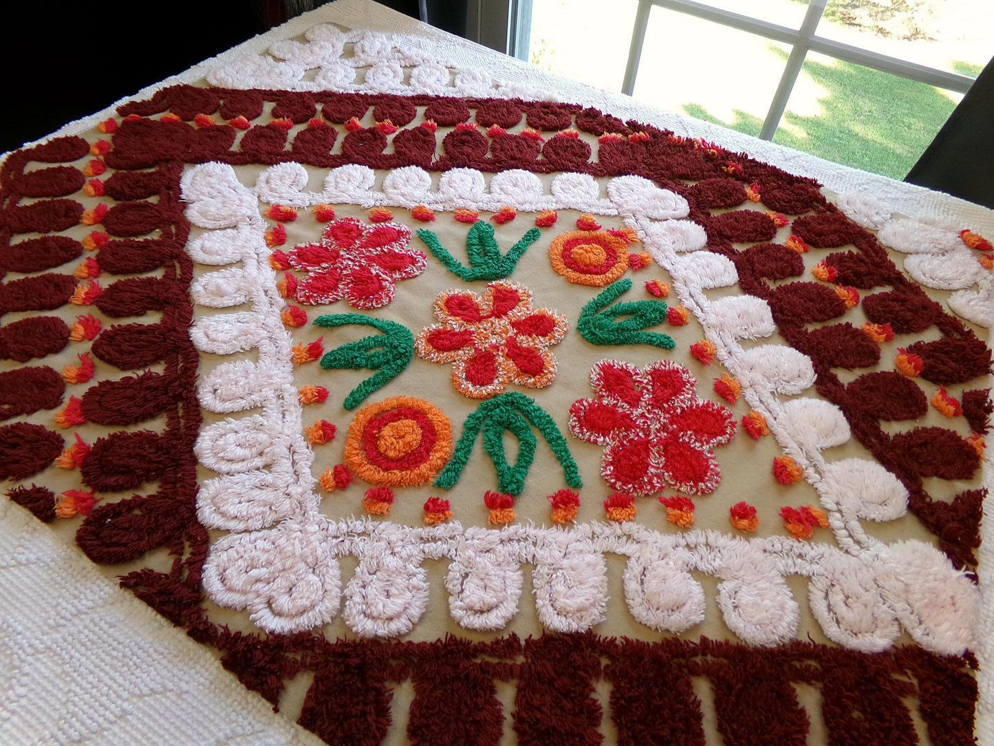 Vintage Chenille Fabric - Diamond Curlicue Floral Sewing Material 22" x 29"