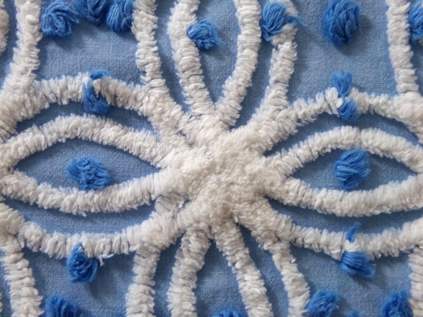 coastal chic blue vintage chenille fabric, white tufted spider rings & little pops, 24" x 18" inch piece