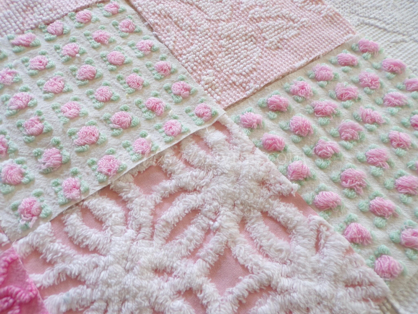 Must Love Pink Chenille Quilt Squares Set from Vintage Bedspread Fabric, 16 Blocks, 6" inch