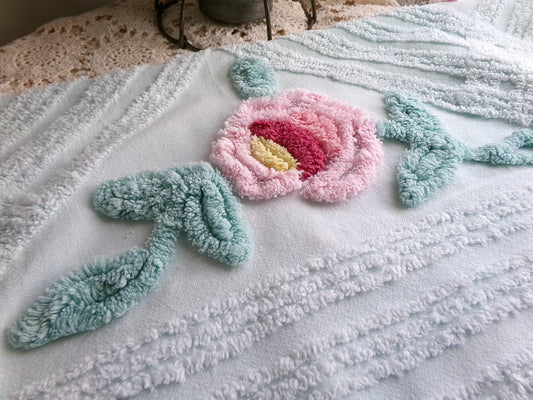 Rose Aqua Mist Vintage Chenille Fabric, 25" x 24" Piece, 100% Lightweight Cotton, Lovely Simple Floral Geometric Design