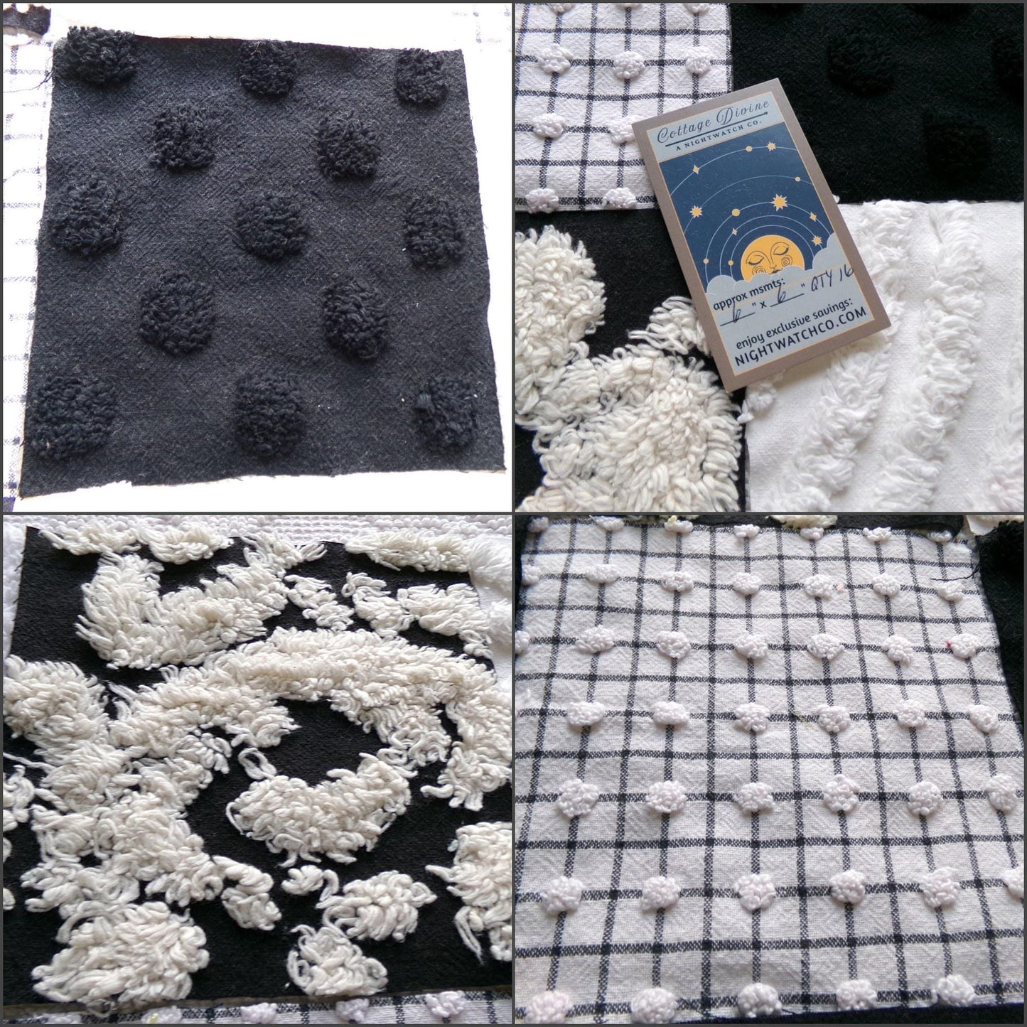 trendy tuxedo b&w chenille fabric squares, set of 16 vintage black and white quilt blocks 6" ea, great textures for crafts, quilting