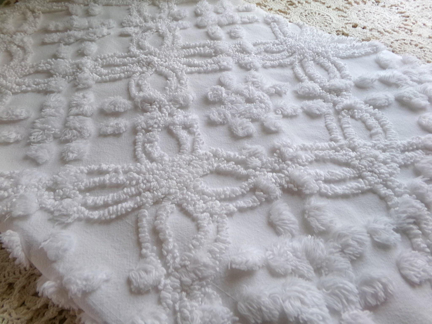 classic white vintage chenille fabric, versatile sewing material for quilting and crafts, 23" x 25" inch piece with wedding rings & pops