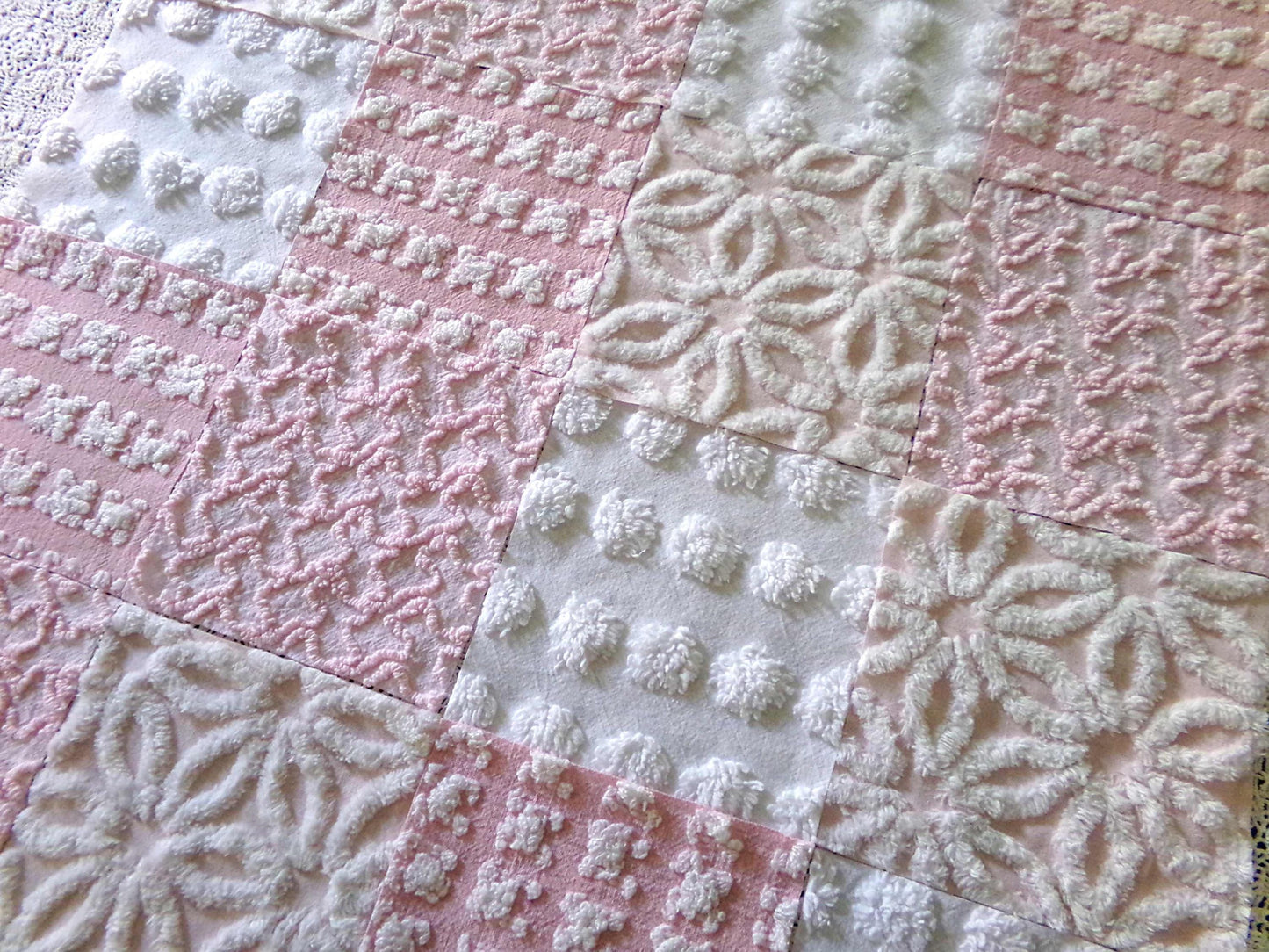 Whispertone Pink Quilt Squares Set from Vintage Chenille Bedspread Fabric, 16 Blocks, 6" x 6" inch