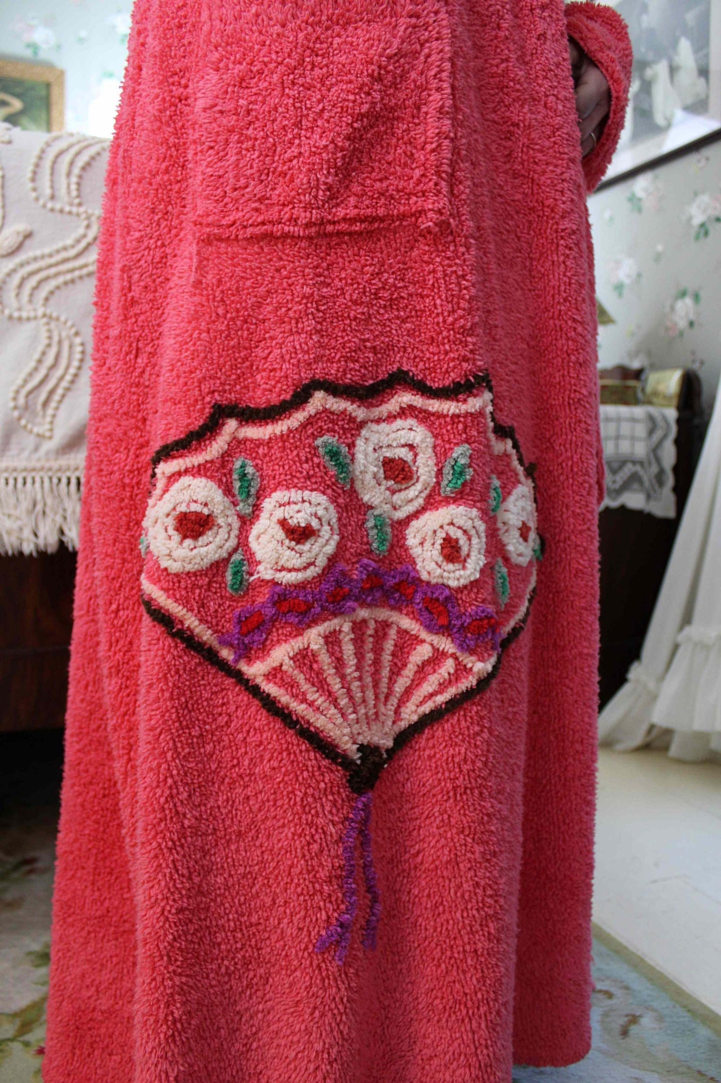 Gorgeous Vintage Style Chenille Robe, Deep Rose Fan Motif Old Hollywood Style Women's Bathrobe, Flattering Fit & Flare Silhouette, S/M
