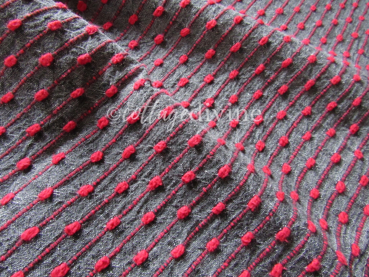Chic Charcoal Red Pinstripe Vintage Woven & Chenille Fabric Piece, Reversible Bates Design for quilting, sewing, crafts, 17" x 35"