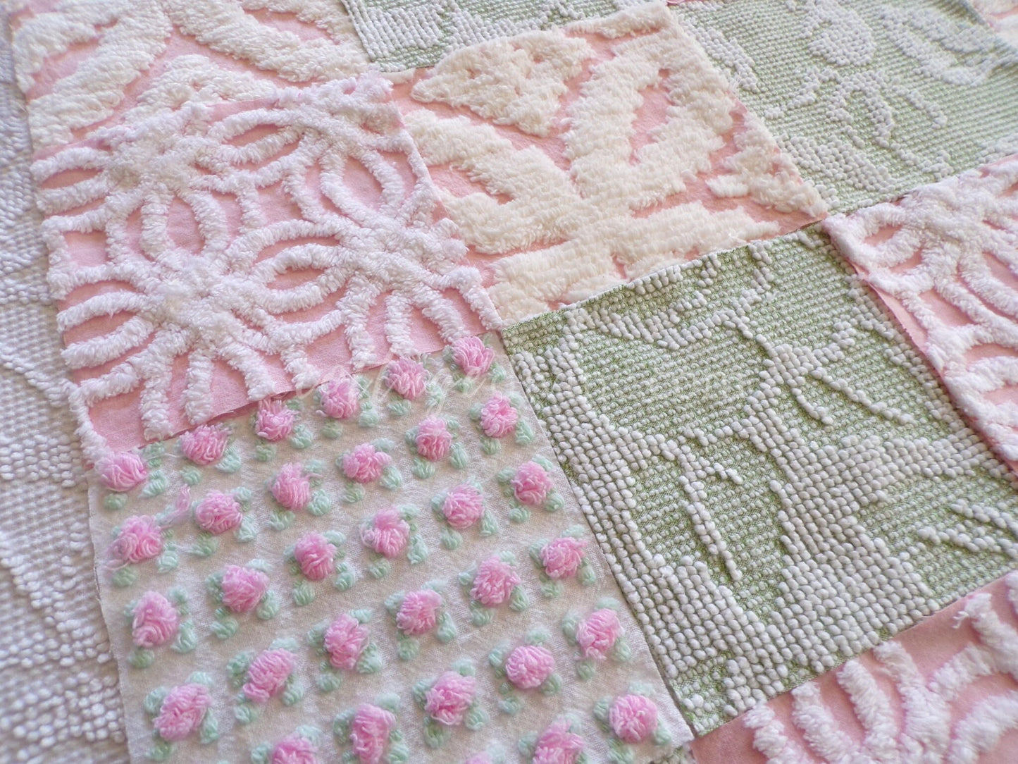 vintage 6" chenille fabric squares, set of 16 quilt blocks in rose bloom pink, sage green & white geometric and floral prints