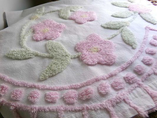 Pink Floral Blooms Vintage Style Chenille Fabric, Lovely Plush Flowers on White Cotton, 21" x 34" inch Piece