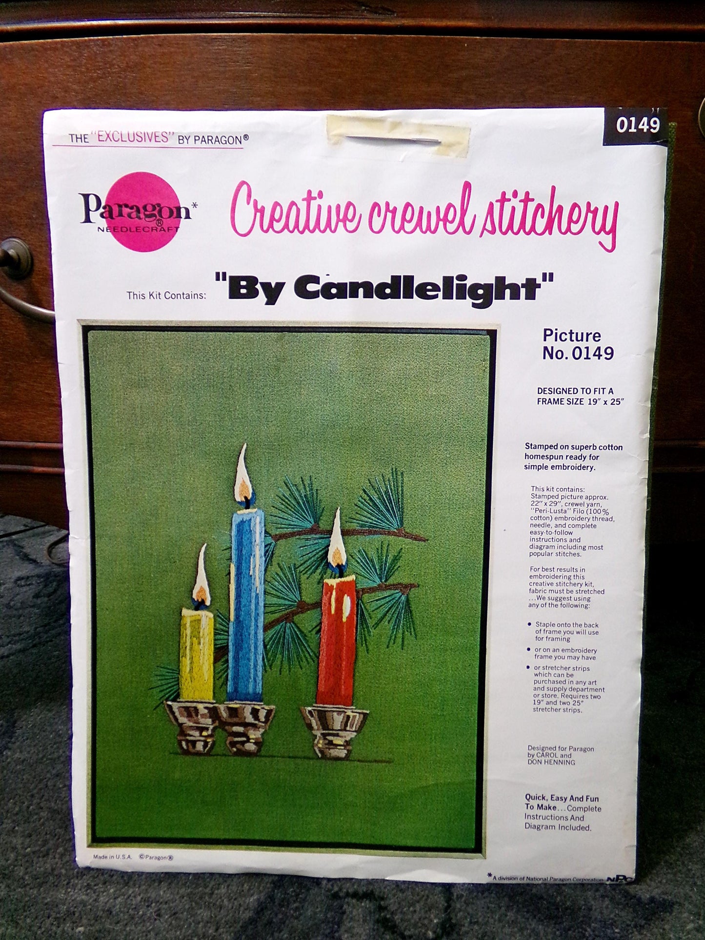 BY CANDLELIGHT Crewel Stitchery Kit, Exquisite Trio of Tranquil Candles on Evergreen Canvas, Vintage 0149 Paragon Needlecraft Embroidery