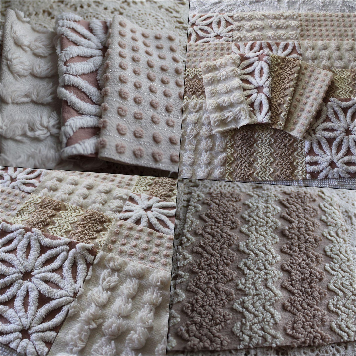 creamy vanilla mocha chenille fabric squares, set of 16 vintage quilt blocks 6" inches ea, daisy, squiggle, puffy pop texture