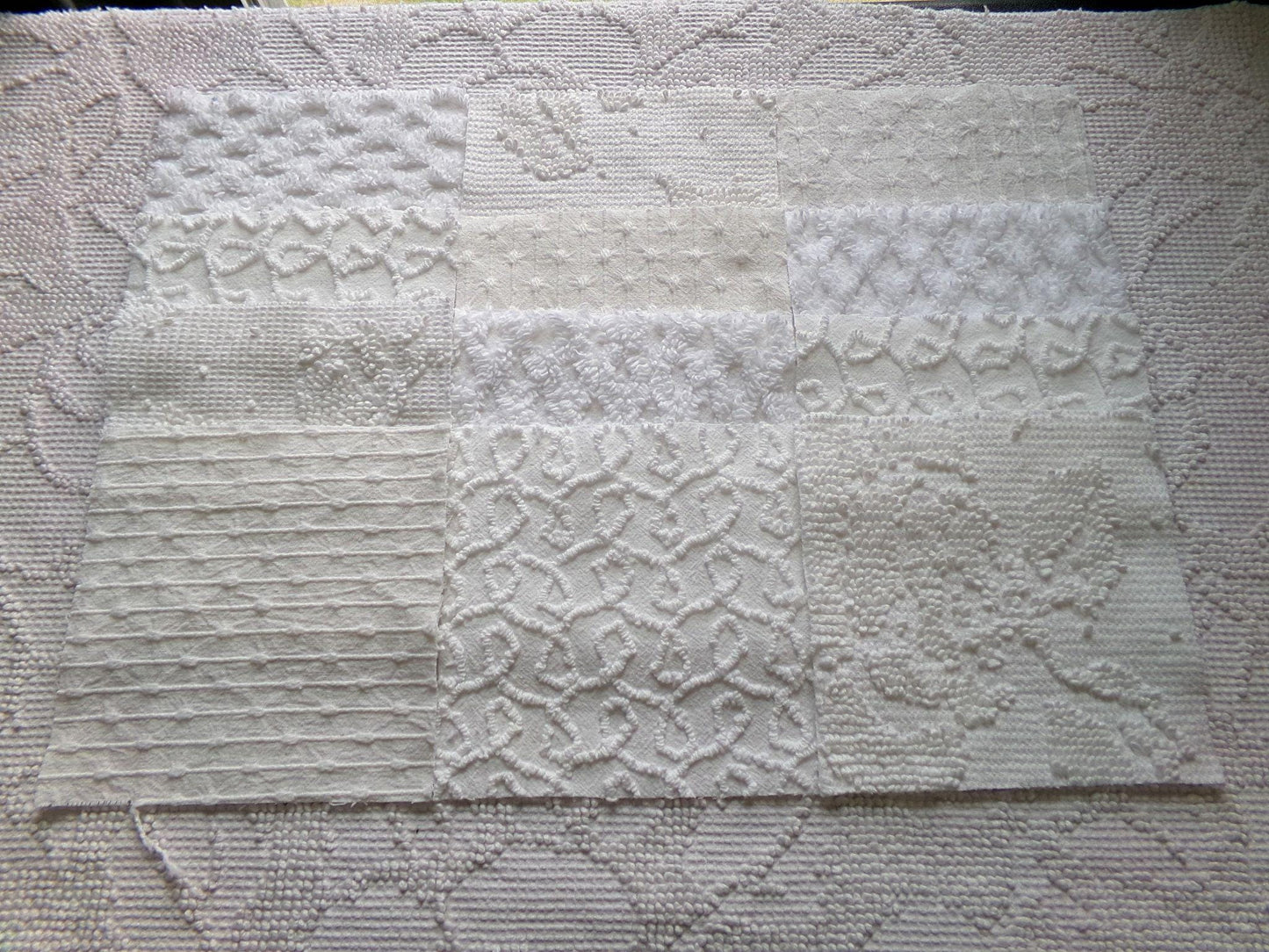 white vintage 6" chenille squares, set of 12 quilt blocks in a classic selection of popular patterns for sewing & crafts