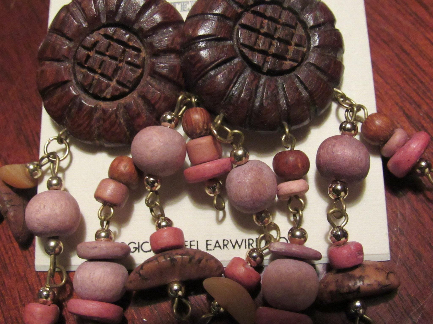 Carved Wood Daisy Dangle Pierced Earrings with Bangles, Vintage Silver Forest Vermont Hippie Boho Artisan Style
