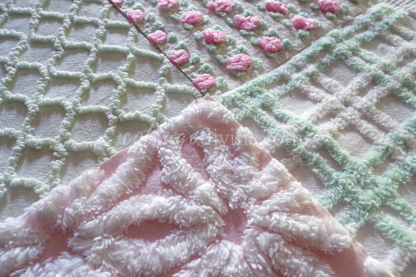 Picnic Time Chenille Quilt Squares Set from Vintage Bedspread Fabric, 16 Blocks, 6" x 6" inches each, Pretty Green, White, Pink Rosebud