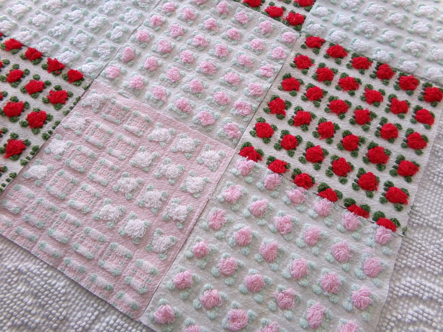 valentine rosebuds vintage chenille fabric squares, gorgeous medley of pink, red, white roses, set of 16 quilt blocks, 6" x 6" inch