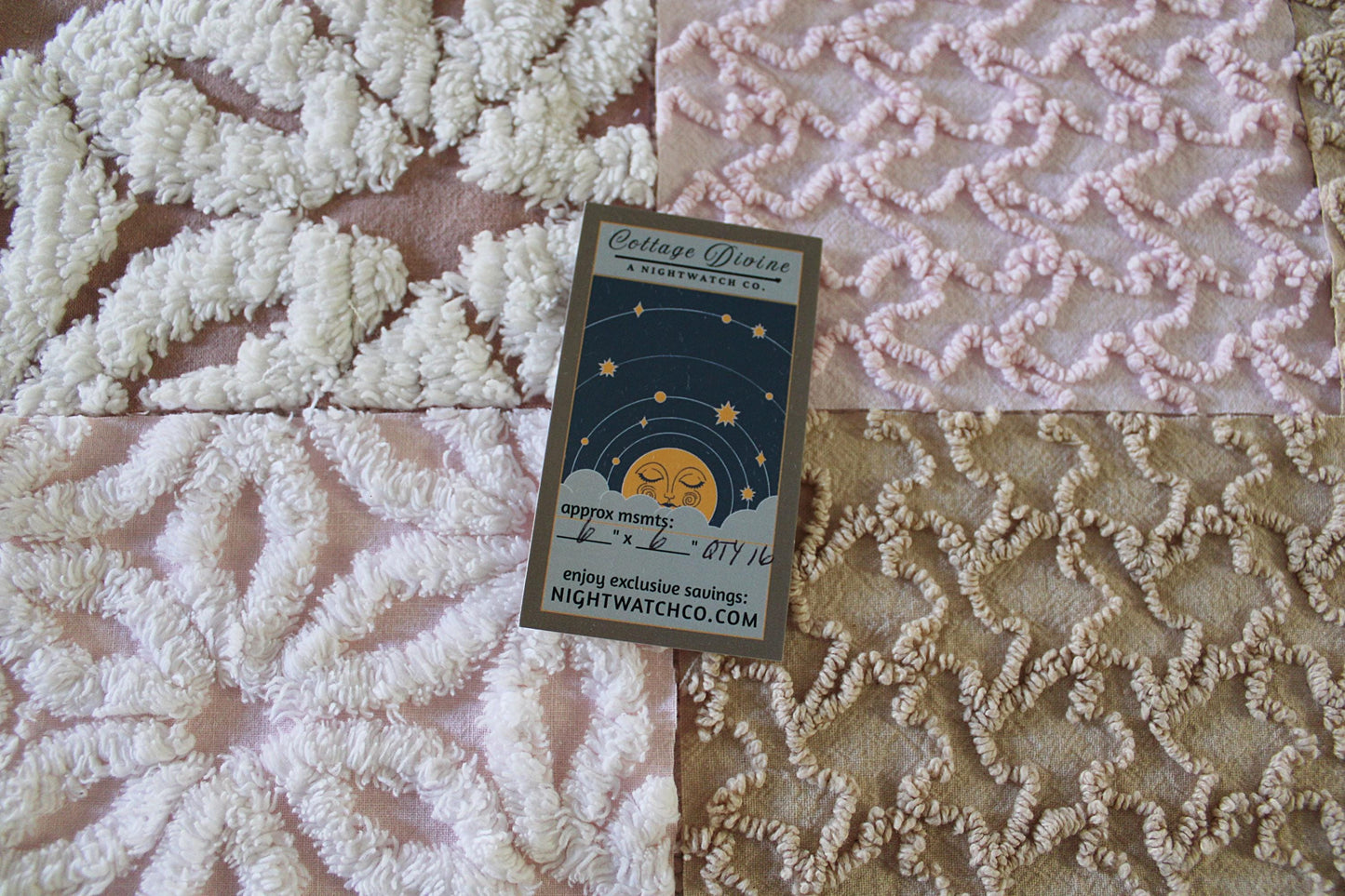 modern mocha pinks chenille fabric squares, set of 16 vintage quilt blocks 6" inches ea, daisy & squiggle texture