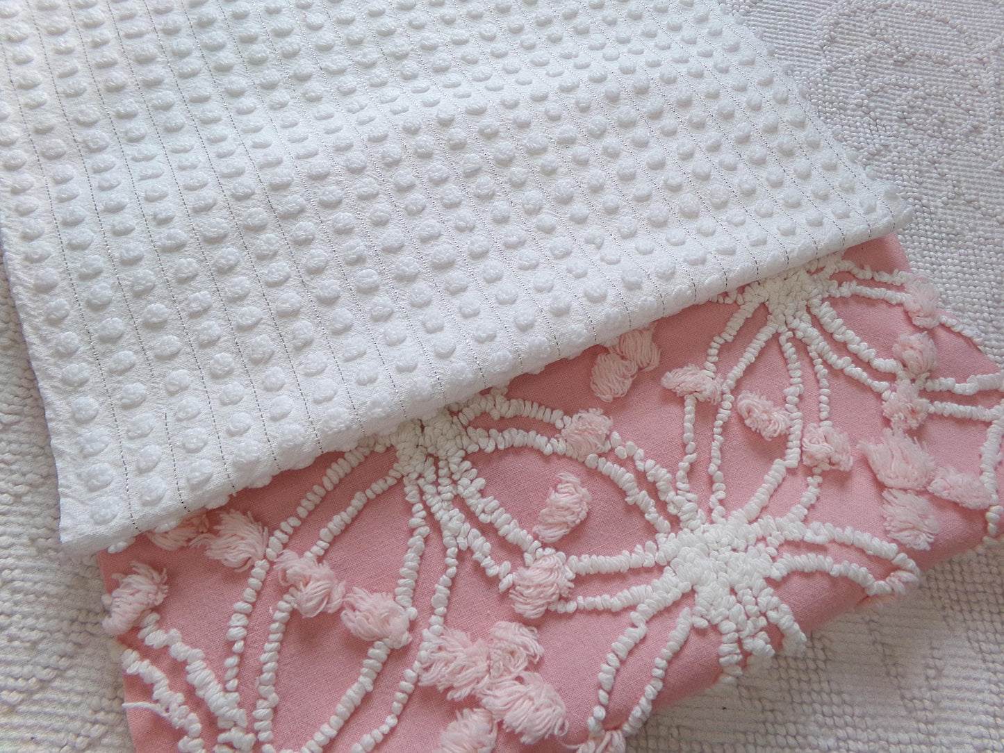 Vintage Chenille Fabric Bundle in Pink & White, 2 Pieces 12" x 18" each | Great Stash Builder for Fiber Arts, Crafting