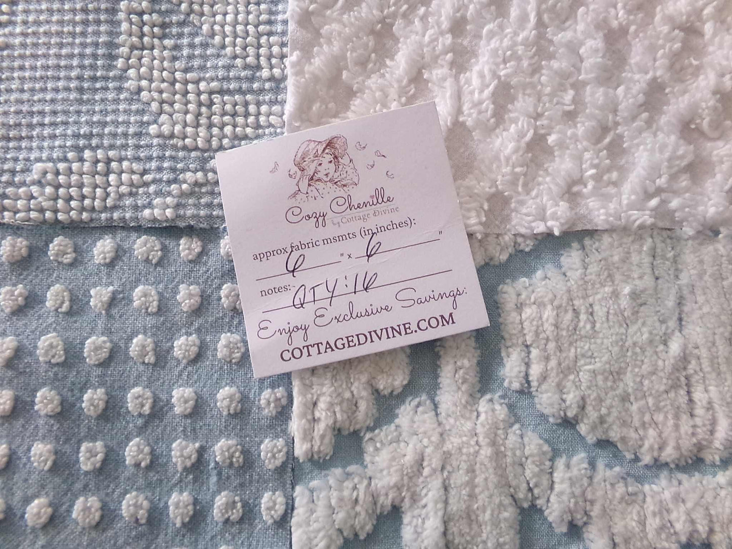 seaside chill chenille fabric squares, 16 vintage blue & white quilt blocks 6" x 6" inch, for pillows, quilting, crafts