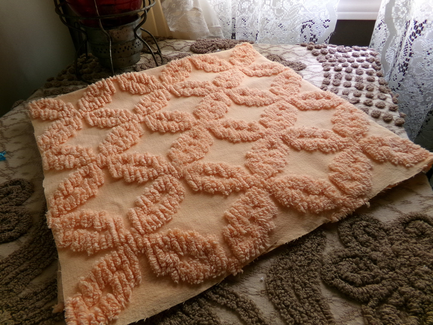 Peach Petals Vintage Chenille Quilt Fabric, 25" x 24" inch Piece, Raised Geometric Floral Pattern