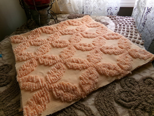 Peach Petals Vintage Chenille Quilt Fabric, 25" x 24" inch Piece, Raised Geometric Floral Pattern