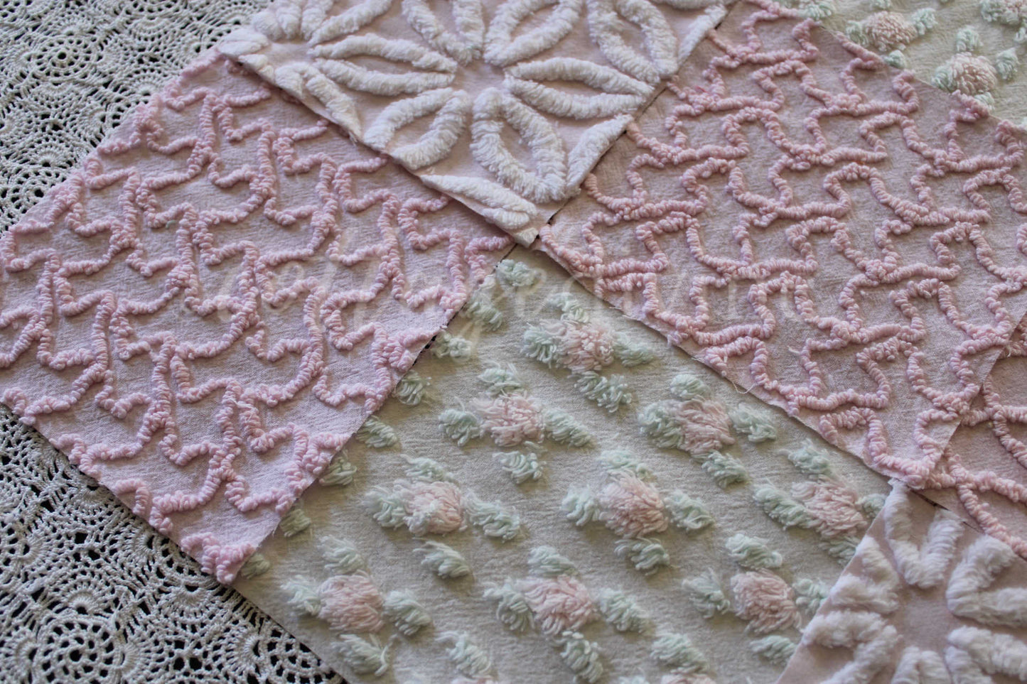 Pink Quilt Squares, Daisy Rosebud Craft Square Set from Vintage Bedspread Fabric, 16 Blocks, 6" x 6" inch