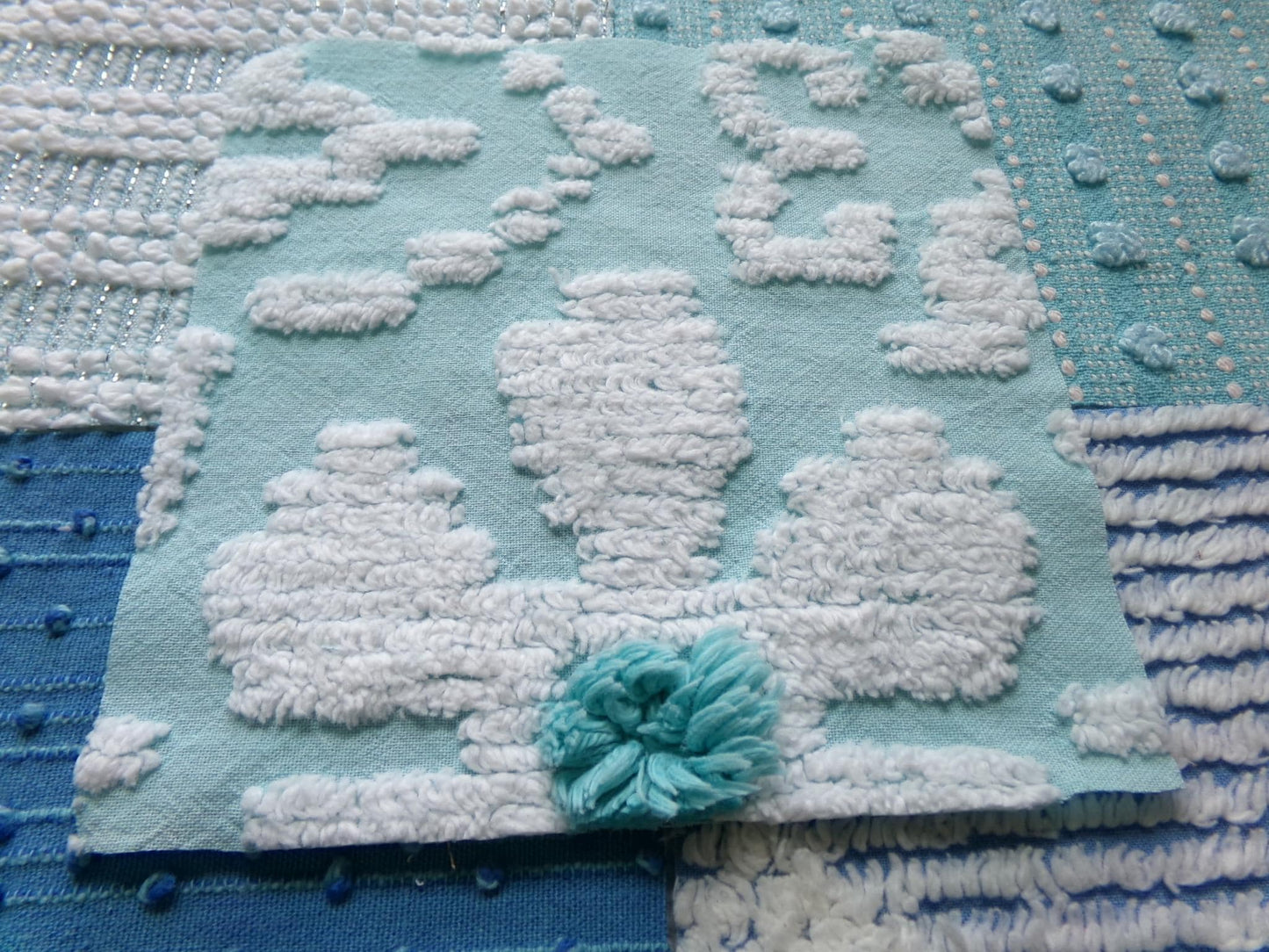 mermaid kisses chenille fabric squares, set of 17 vintage blue & aqua 6" craft blocks, chic designs for quilt inlays, pillows, fiber arts