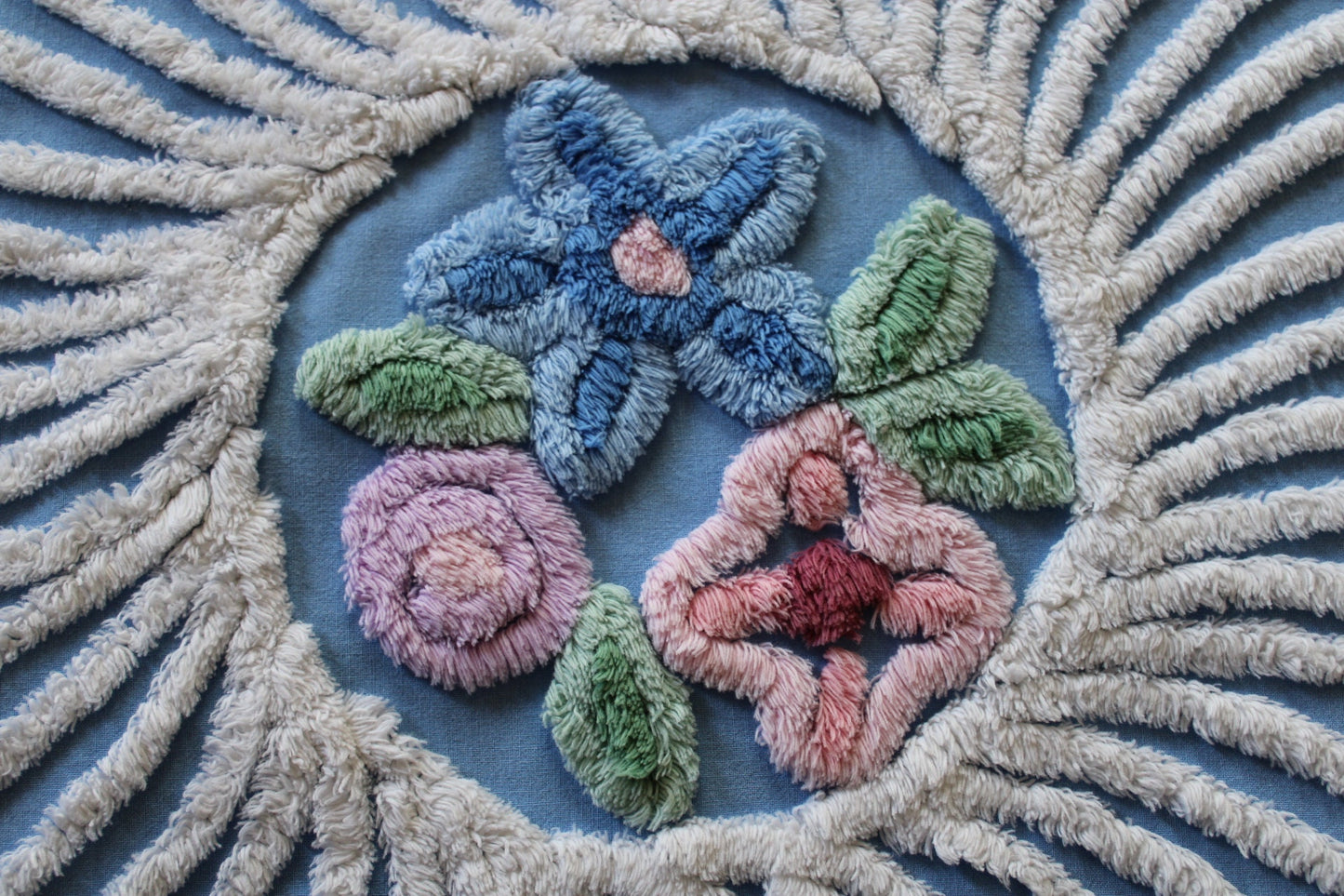 shabby chic vintage chenille fabric, exquisite daisy floral design, 37" x 23" piece, 100% cotton sewing material for wall hanging, quilts