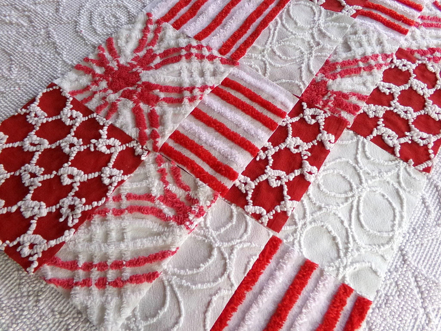 candy canes chenille fabric squares, red & white vintage craft square set of 16 blocks, 6" x 6" inch, great for Christmas stockings